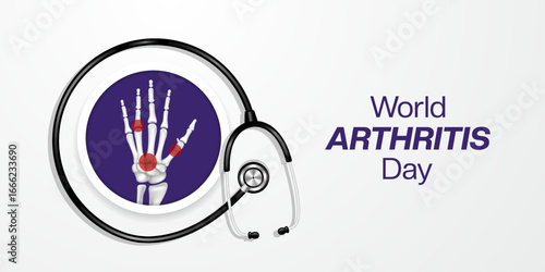 12 th October is World Arthritis Day. Hand bone and stethoscope. Great for posters, banners and social media. White background.