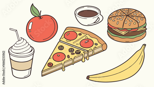 Healthy and unhealthy food options. Assortment of fruits, burger, pizza, coffee, milkshake. Diet and eating choices illustration.