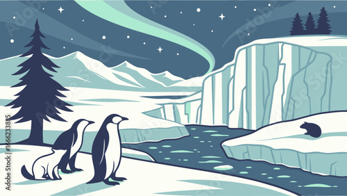 Penguins, polar bear, and arctic fox in snowy winter landscape with Northern Lights. Ice, mountains, wildlife.