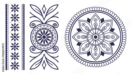 Elegant traditional ethnic decorative patterns with floral mandala design, border, and ornamental motifs. Vector graphic art collection.