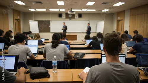 Classroom with students using laptops for education and collaborative learning