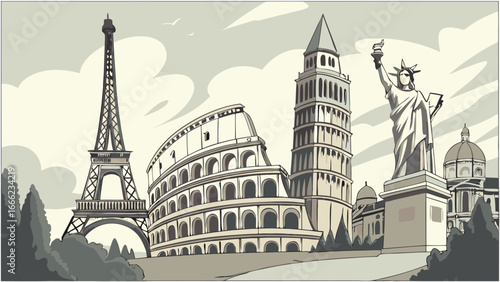 Vintage world travel illustration. Famous landmarks: Eiffel Tower, Colosseum, Leaning Tower of Pisa, Statue of Liberty. Global tourism.