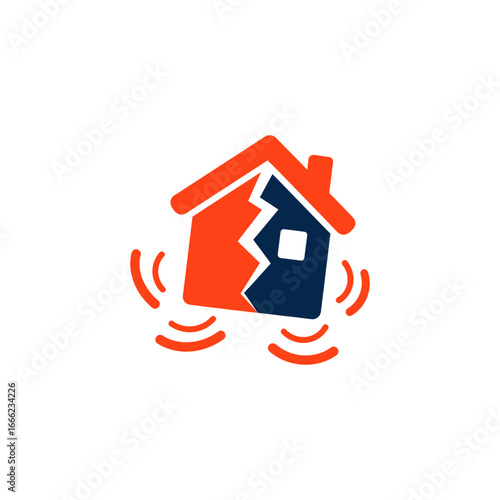 icon of a residential house with a roof and chimney that are cracked due to earthquake shaking