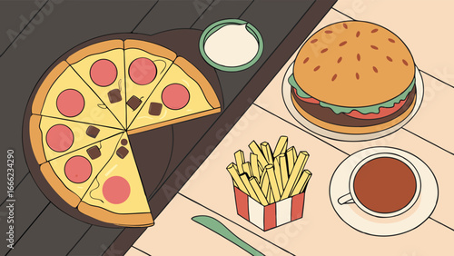 Delicious fast food meal with pepperoni pizza, hamburger, french fries, and a drink on a wooden table. Unhealthy junk food.