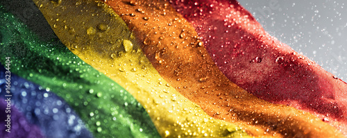 Colorful rainbow flag draped with water droplets, symbolizing pride and inclusivity during a festival celebration