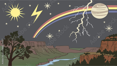 Grand Canyon nature landscape with river, trees, and a sky featuring sun, stars, planet, rainbow, lightning, weather, space.