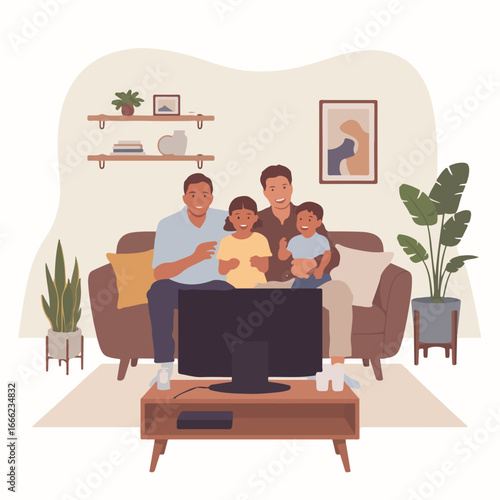 Family watching television together in living room with plants and shelves on the wall and cozy furniture