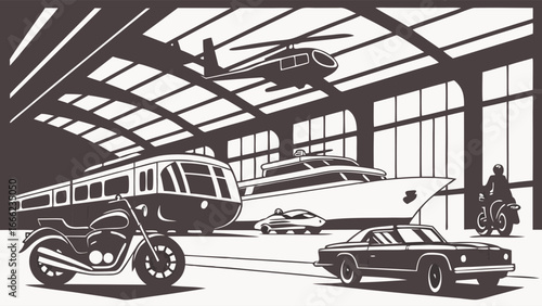 Diverse modes of luxury transportation. Collection of vehicles helicopter, yacht, train, cars, motorcycle in a hangar.