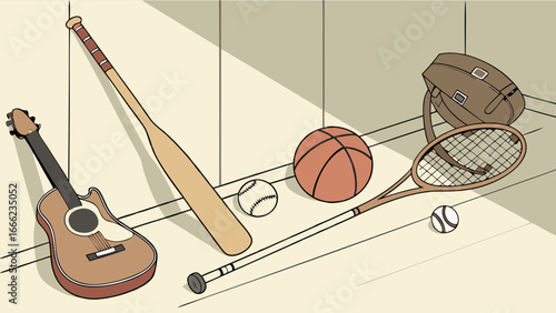 Sports equipment, guitar, baseball, basketball, tennis. Hobbies, recreation, and active lifestyle concept.
