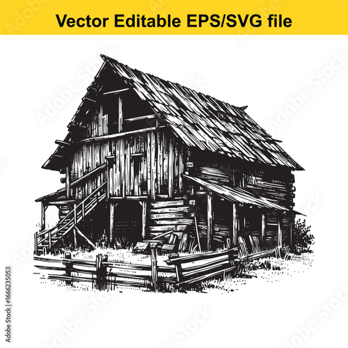 Rustic abandoned wooden barn with weathered planks and a dilapidated roof