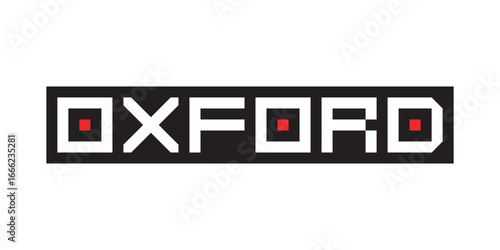 Retro Pixelated Oxford Text Word with Red Square Accents Illustration