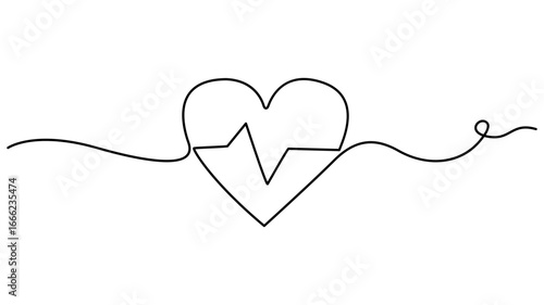 Continuous one line drawing of a heartbeat and heart isolated on white background
