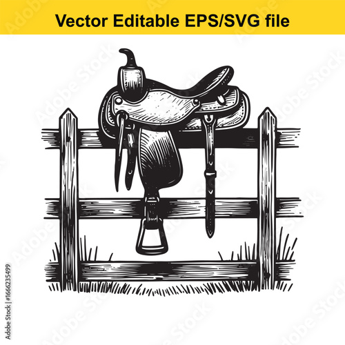 Vintage western horse saddle resting on a wooden fence, black and white illustration