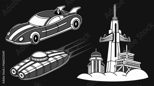 Retro futuristic science fiction vehicles and buildings in a black and white vector illustration. Vintage sci-fi concept art.
