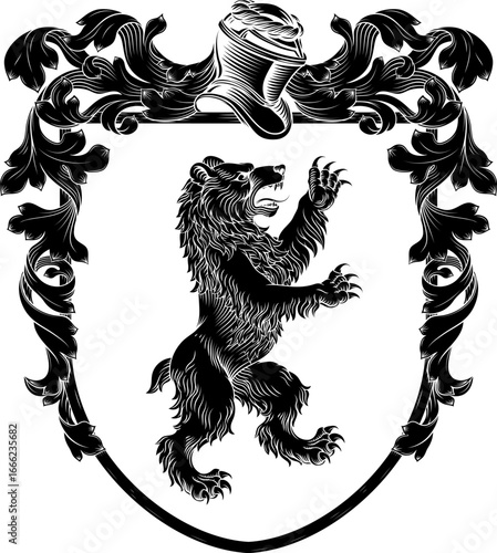 A bear coat of arms or crest family heraldry medieval heraldic animal knight shield. With helmet and acanthus filigree scroll ornament in a vintage woodcut style.