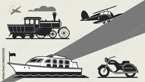 Vintage transportation vehicles set. Retro train, plane, helicopter, boat, and motorcycle with sidecar. Black and white.