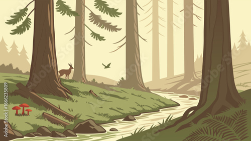 Peaceful forest landscape with river, tall trees, deer, and flying bird. Vector nature graphic illustration of a serene woodland scene.