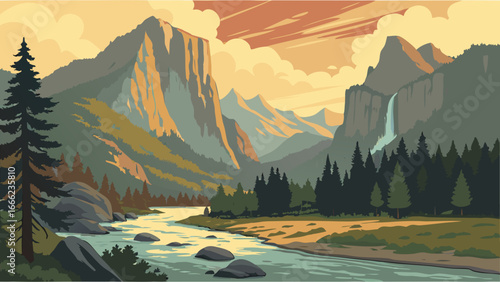 Majestic mountain valley landscape with river, forest, and waterfall. Scenic nature vector illustration.
