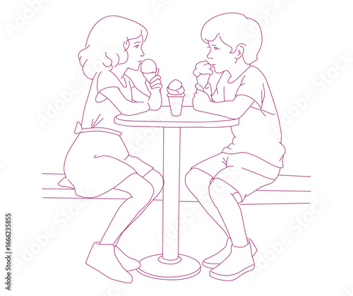Two kids enjoying ice cream together at a small café table.