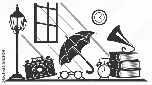 Nostalgic vintage objects still life with old books, camera, umbrella, gramophone, clock, and street lamp. Retro memories.