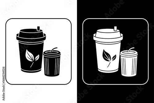 Zero Waste Icon Set – Compost Bin, Reusable Cup on Black and White Background.