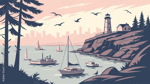 Lighthouse and sailboats on a calm ocean bay with city skyline. Coastal summer travel, vacation, and scenic destination.