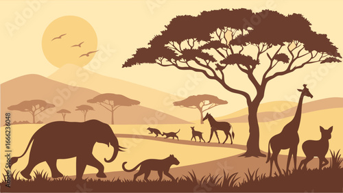 African safari wildlife animals silhouette at sunset. Savanna landscape with elephant, giraffe, zebra, cheetah, acacia tree. Vector.