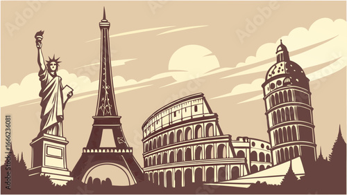 Famous World Travel Landmarks Vintage Sepia Iconic European and American Monuments Global Tourism Vacation Adventure