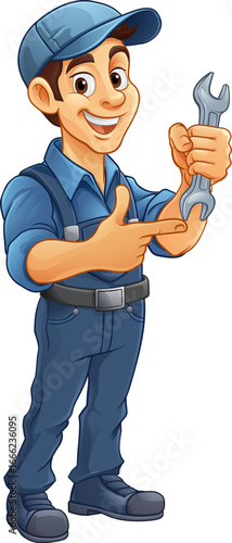 A mechanic or plumber handyman cartoon mascot man holding a wrench or spanner and pointing