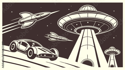 Retro sci-fi space adventure with UFOs, rockets, and futuristic car. Vintage science fiction illustration of space exploration.