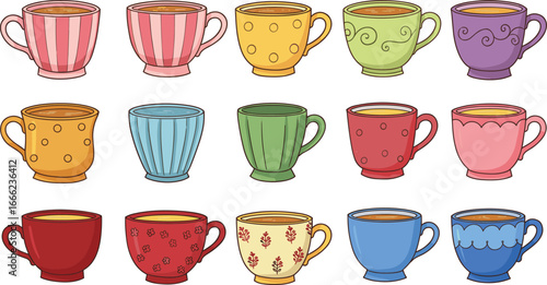 Colorful teacup collection, ceramic mug set, vibrant kitchenware, pattern design, home decor, porcelain cups, tea party essentials, artistic crockery