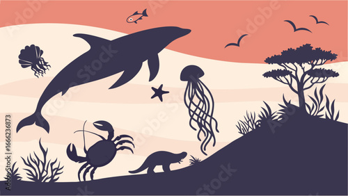 Wild animals silhouette collection. Marine and land creatures in nature. Vector illustration of global biodiversity.
