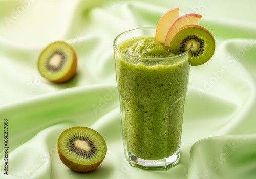Kiwi and apple smoothie in tall glass, green fresh blend with slices garnish, pastel green silk, medium composition