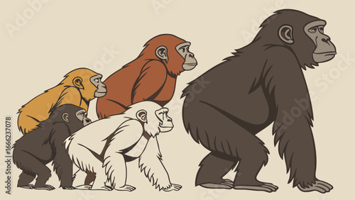 Diverse gorilla family growth stages. Group of primates from baby to adult. Wildlife animal development and evolution.