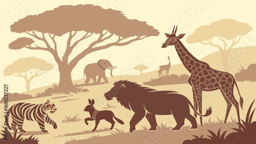 African safari wildlife animals illustration. Giraffe, lion, elephant, tiger, warthog in savanna landscape.