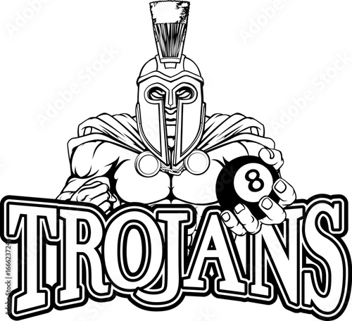 A spartan or trojan angry mean pool billiards mascot cartoon character holding a black 8 ball.