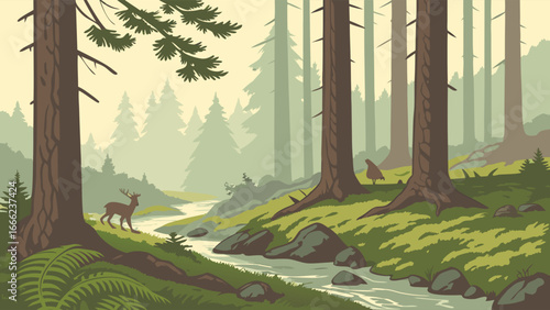 Forest landscape with a deer by a flowing stream. Green trees, lush nature, and wild animals in a peaceful woodland scene.
