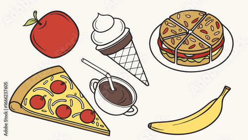 Healthy and junk food choices. Variety of snacks, fruits, pizza, ice cream, apple, banana, fast food, diet illustration drawing.