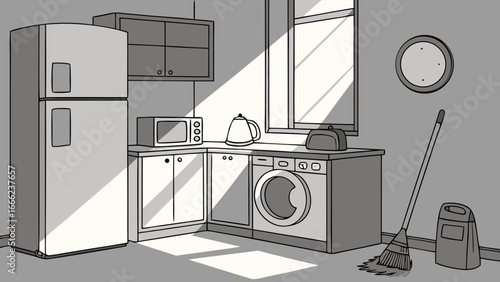 Modern kitchen interior with household appliances, refrigerator, washing machine, and sunlight from window. Home chores illustration.