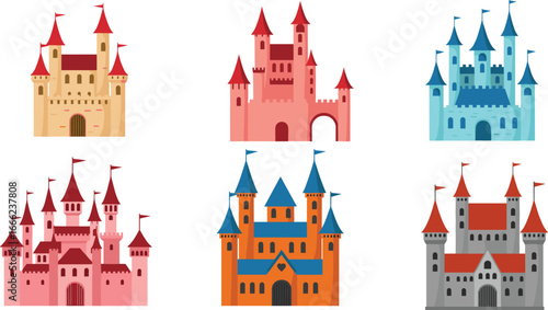 Colorful medieval fantasy castles collection, cartoon-style fortresses with towers and flags, fairytale buildings, royal architecture, magic kingdom illustrations