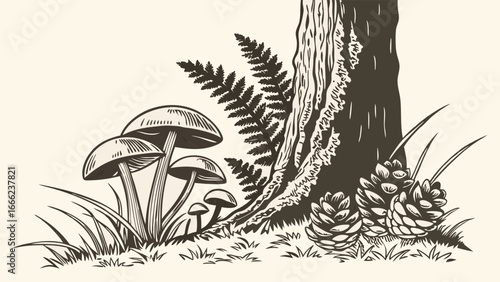 Mushrooms, tree trunk, fern, and pine cones on forest floor. Nature woodland vintage engraving drawing sketch.