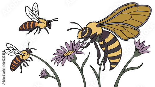 Busy honey bees flying around vibrant purple flowers, collecting nectar and pollen in a sunny spring garden.