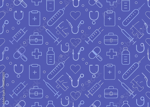 Seamless medical pattern with healthcare icons including stethoscopes syringes and hearts