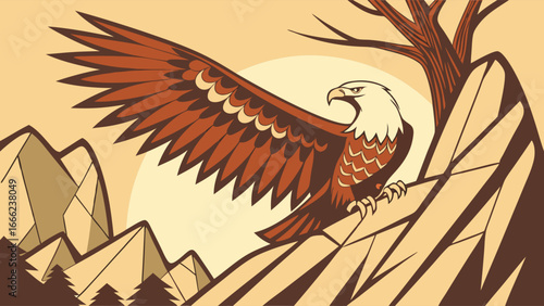Majestic eagle with open wings on a mountain cliff. Wild nature landscape illustration. Freedom, power, and strength.