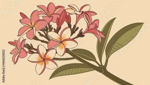 Tropical pink and white plumeria flowers with green leaves. Exotic frangipani blossoms for summer, spa, and wedding designs.