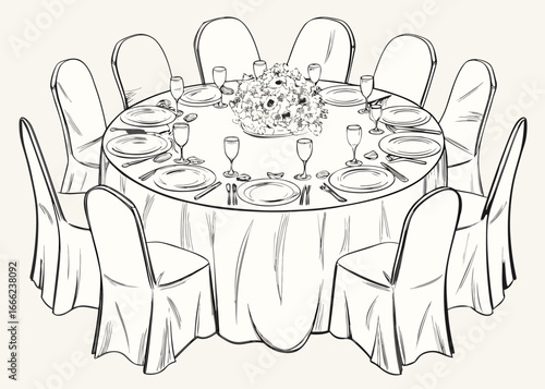 Elegant round banquet table setting with floral centerpiece and chairs