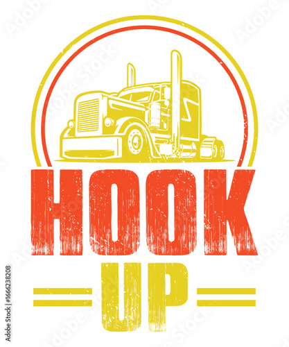 Hook Up Transport: A stylized semi-truck illustration embodies the spirit of long-haul transport, evoking images of the open road and delivering goods across the country.