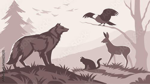 Wolf, deer, cat, crow, and birds in a forest wildlife illustration. Nature wilderness scene. Animal kingdom.