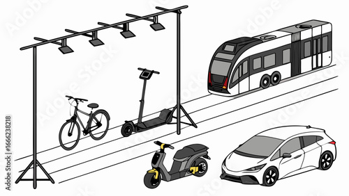 Modern urban transport options. Bicycle, electric scooter, car, train, moped. Sustainable city mobility choices.
