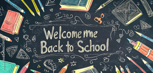 Exciting welcome back to school chalkboard with vibrant pencils, books, and creative doodles for educational promotions
